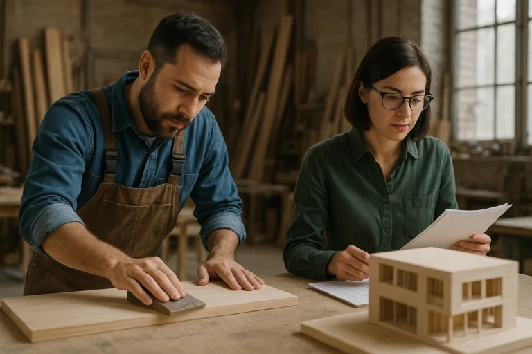 نجار در حال سمباده زدن و طراح در حال بررسی نمونه