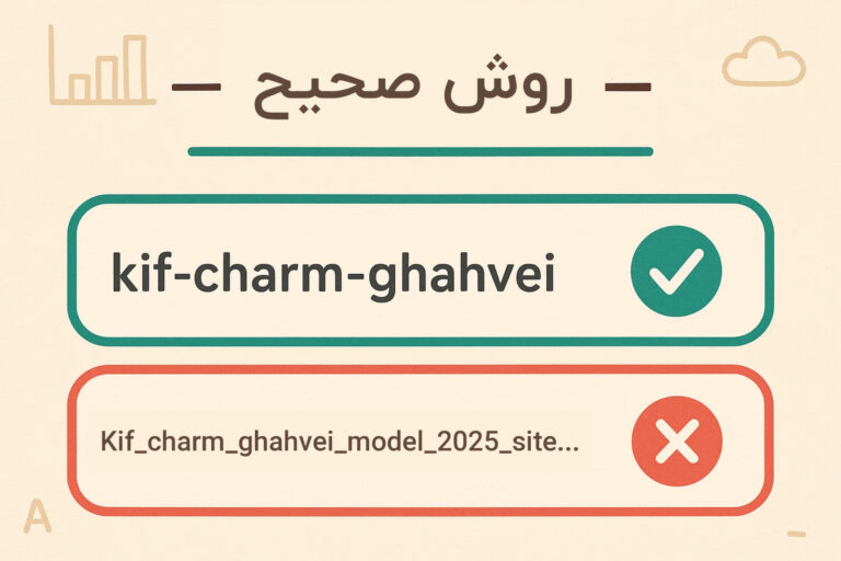 اینفوگرافی تفاوت خط تیره با زیرخط در URL؛ نمونه kif-charm-ghahvei در برابر kif_charm_ghahvei و تاکید بر حروف کوچک