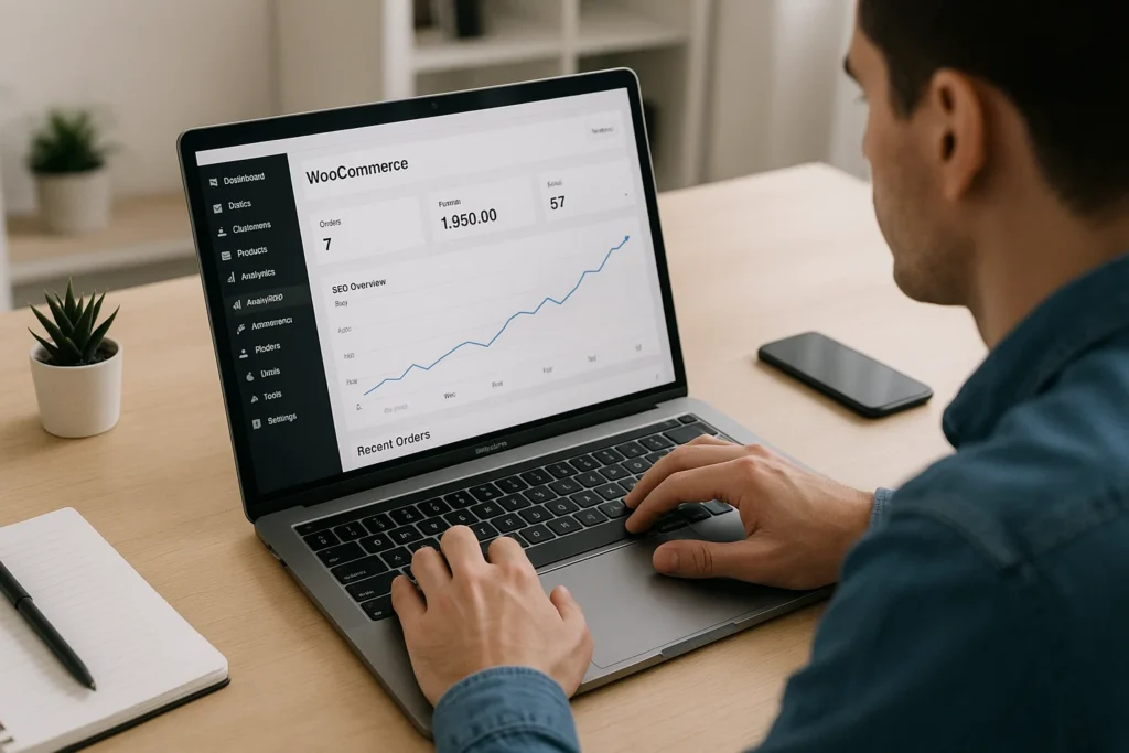 طراح سایت فروشگاهی با وردپرس در حال بهینه‌سازی ووکامرس؛ داشبورد وردپرس و نمودار رشد سئو – آموزش سئو ووکامرس