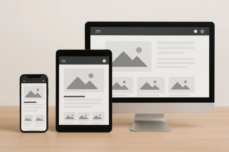 ماکتی از نمایش سایت روی موبایل، تبلت و دسکتاپ