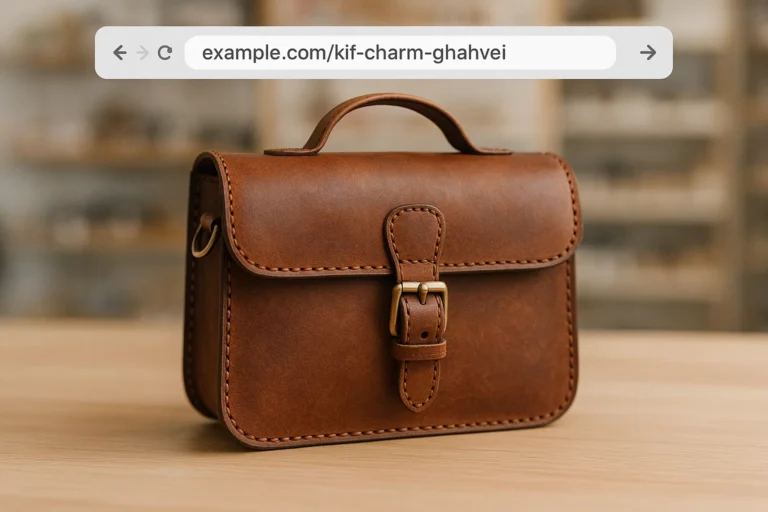 کیف چرم قهوه‌ای دست‌دوز کنار نوار آدرس با URL بهینه example.com/kif-charm-ghahvei – نمونه واقعی URL محصول