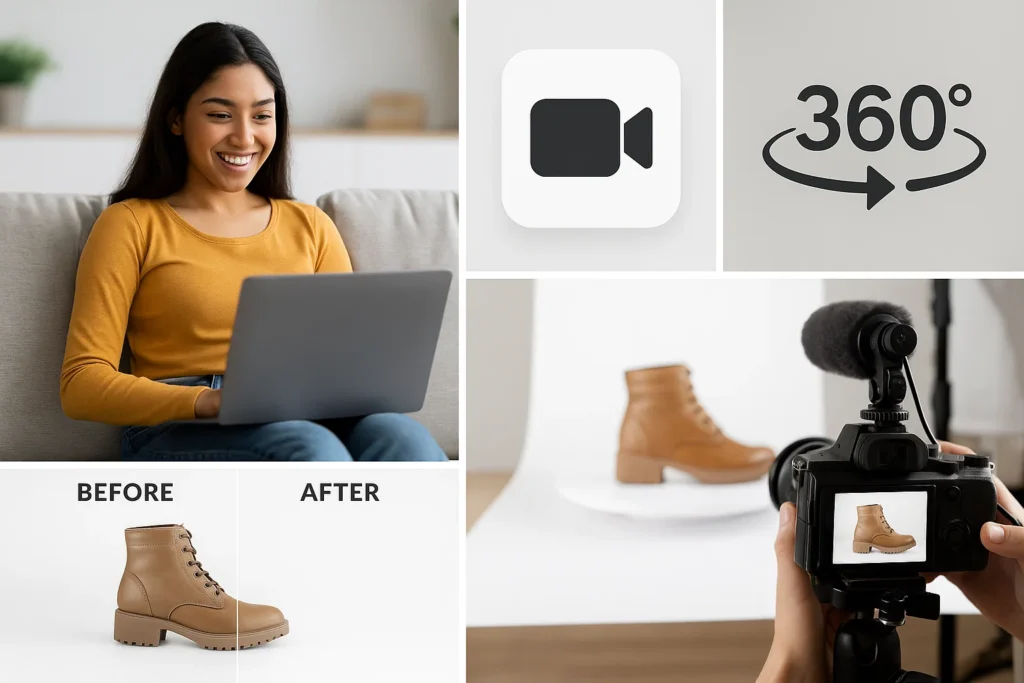 یک کلاژ هوشمند از 5 نوع تصویر مختلف (زندگی واقعی, آیکن ویدیو, نماد چرخش ۳۶۰, تصوبر مقایسه ایی, عکس پشت صحنه