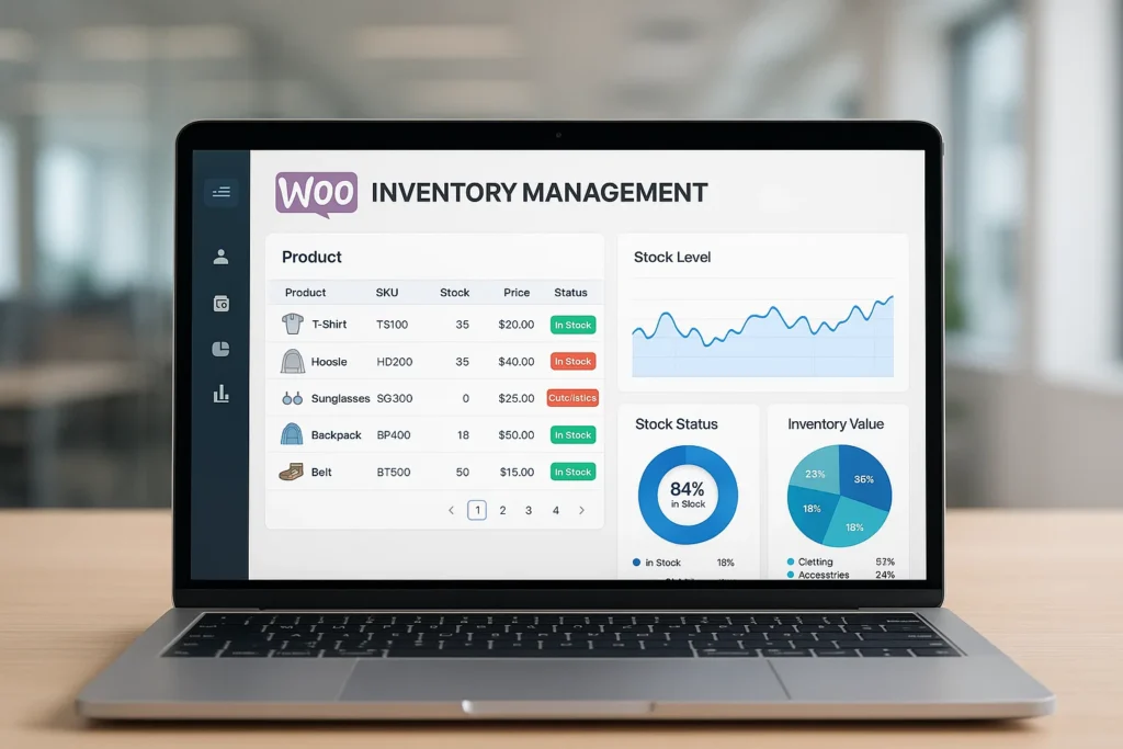 نمایش داشبورد مدیریت موجودی انبار فروشگاه ووکامرس با نمودارها و لیست محصولات